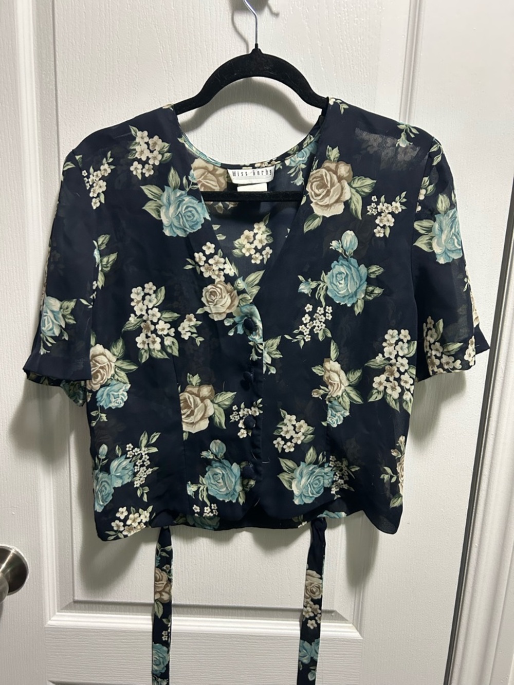 Miss Selfridge Navy Floral Tie-Front Blouse with Blue and Cream Roses